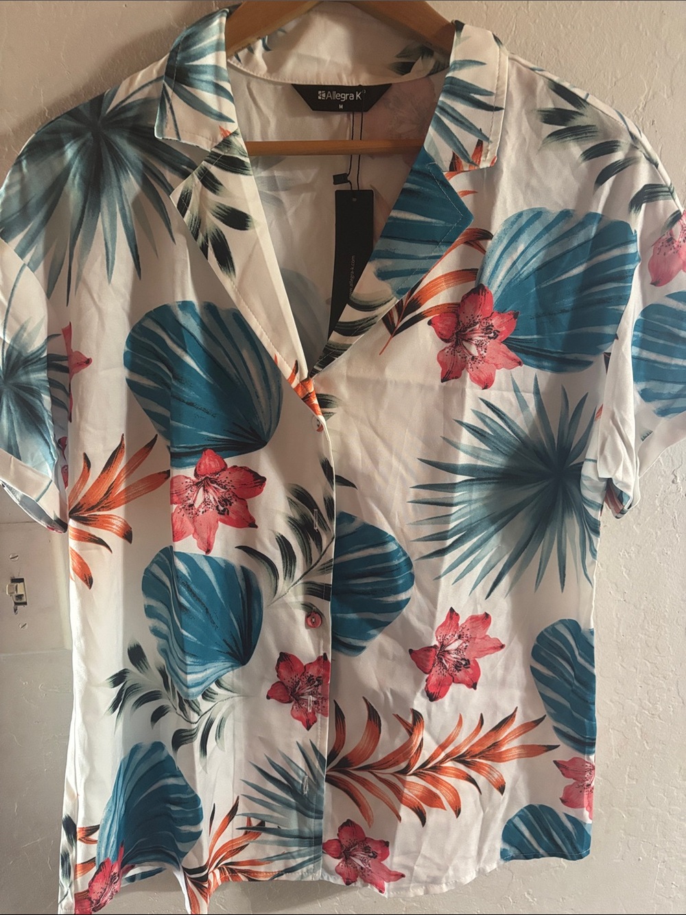 Allegra K White Tropical Print Button-Down Shirt with Teal and Coral Accents